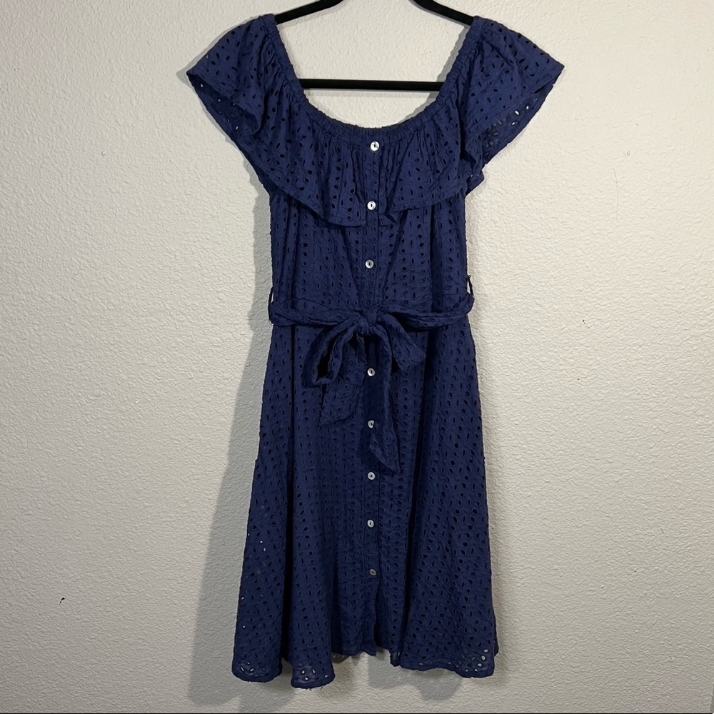 𝅺Entro Eyelet Lace Off Shoulder Button Down Mini Dress w/Pockets Navy Blue Sz M